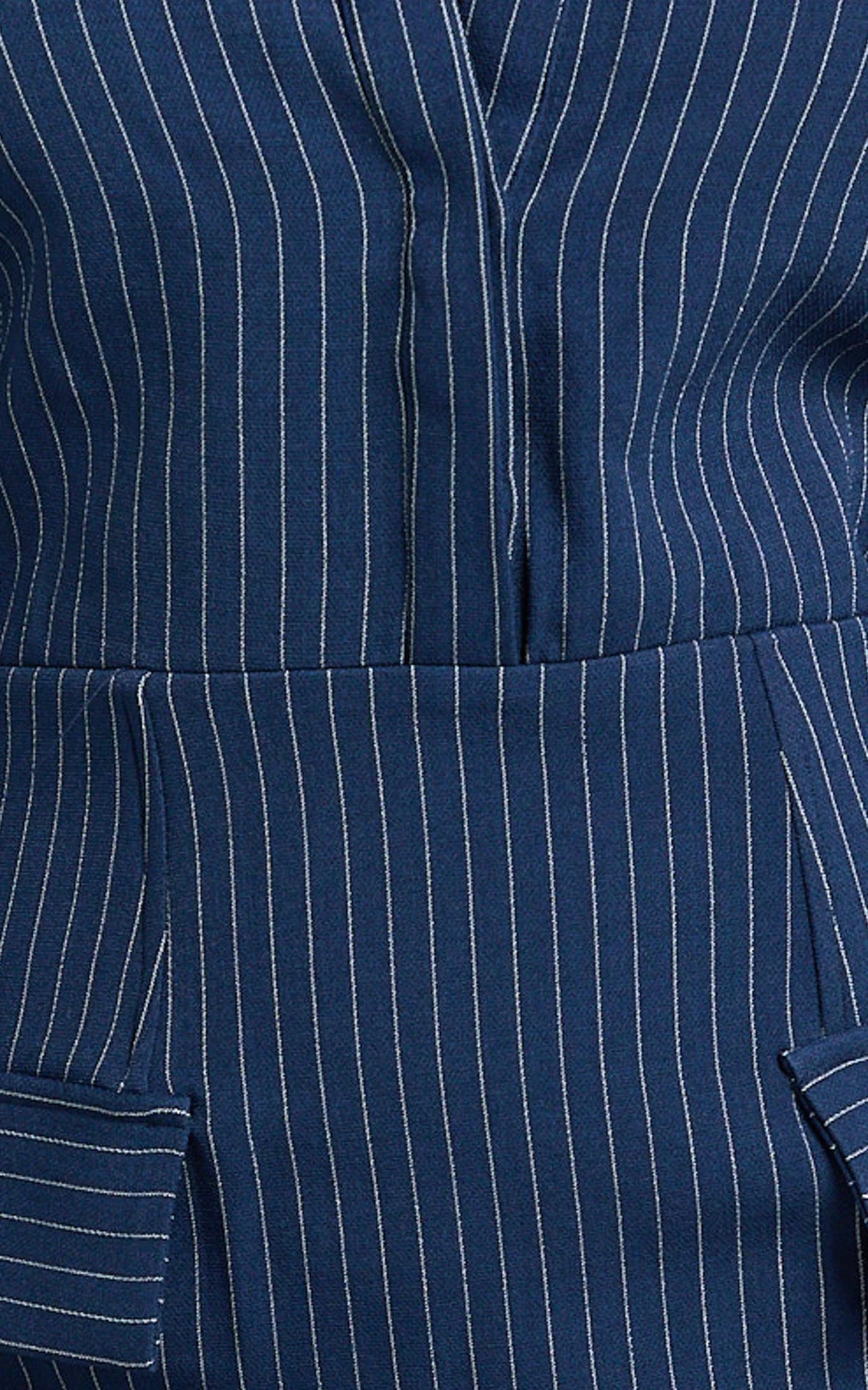 Ophelia Midi Dress - Collared Pinstripe Long Sleeve Fitted Dress in Navy