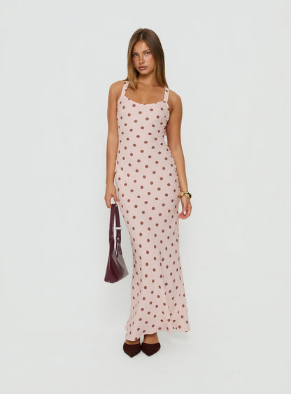 Picante Bias Cross Back Maxi Dress Pink Polka