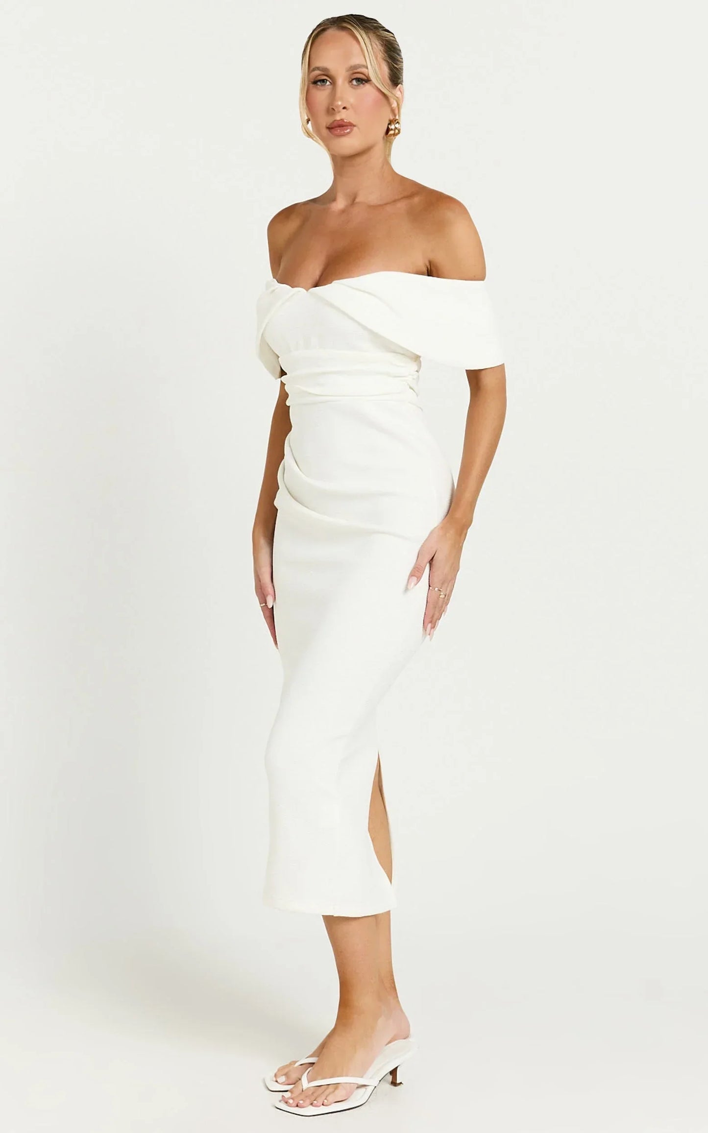 Noraly Midi Dress - Off The Shoulder Slip Dress in White