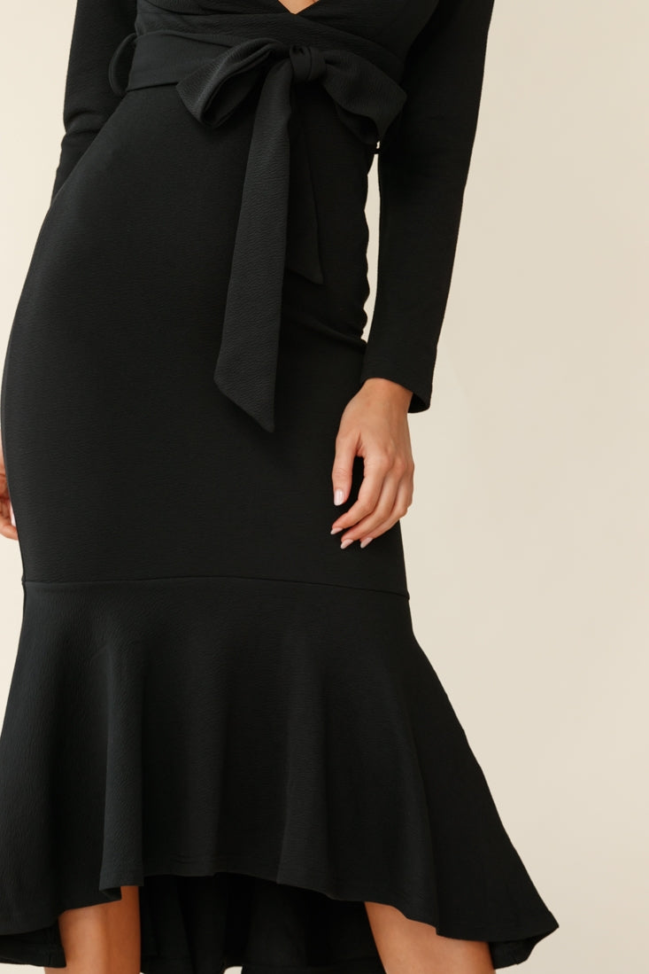 Sorry Not Sorry Long Sleeve Flounce Midi Dress Black