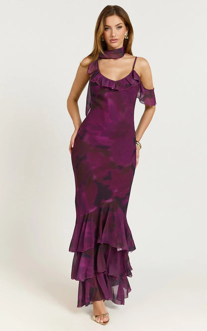 Riley Maxi Dress - Asymmetric Ruffle Detail Maxi Dress in Royal Adeana