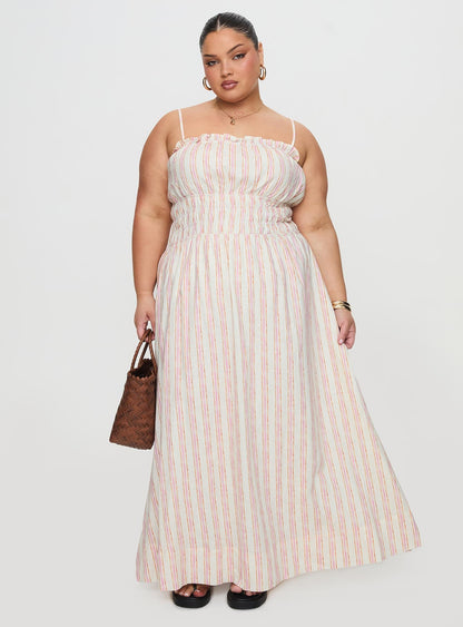 Persephone Shirring Linen Maxi Dress Pink Stripe Curve