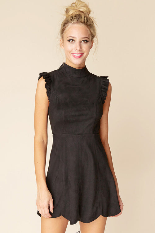 Kylie Ruffled Sleeve Suede Dress Black