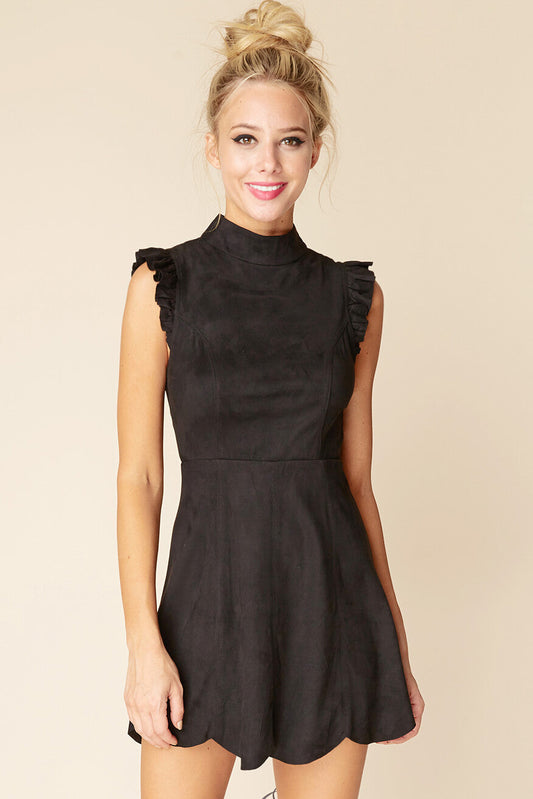 Kylie Ruffled Sleeve Suede Dress Black