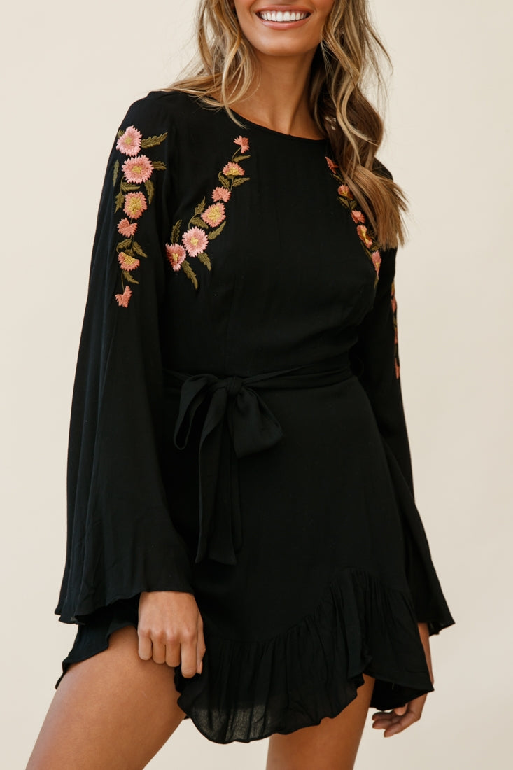 Yara Floral Embellished Fit and Flare Dress Black