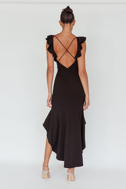 Pearl Ruffle Strap High-Low Hem Dress Black