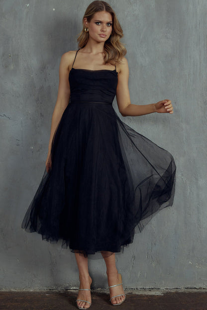 Floating By Pleated Neckline Mesh Midi Dress Black