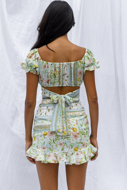 Azure Sky Ruched Mini Skirt Printed Green