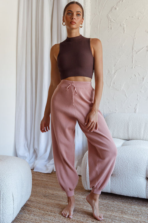 New Soul Drawstring Ribbed Knit Jogger Pants Blush