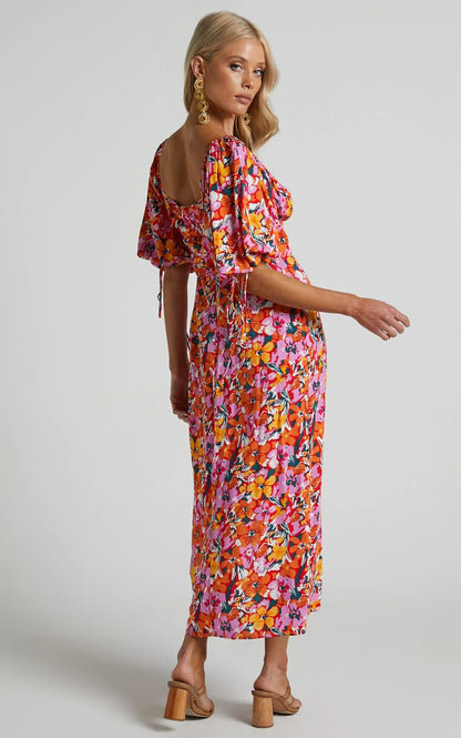 Rosario Midi Dress - Ruched Bust Puff Sleeve Dress in Spring Floral