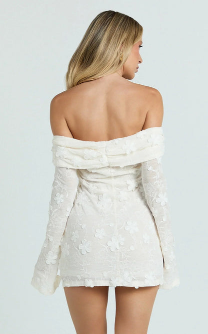 Raymond Mini Dress - Off Shoulder Long Sleeve Fitted Dress in Ivory