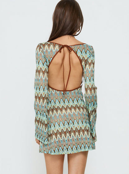 Rizario Long Sleeve Crochet Mini Dress Blue Multi