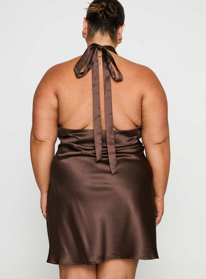 Pelagia Halter Scarf Tie Mini Dress Brown Curve