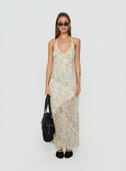 Noemi Halter Low Back Maxi Dress Cream Paisley