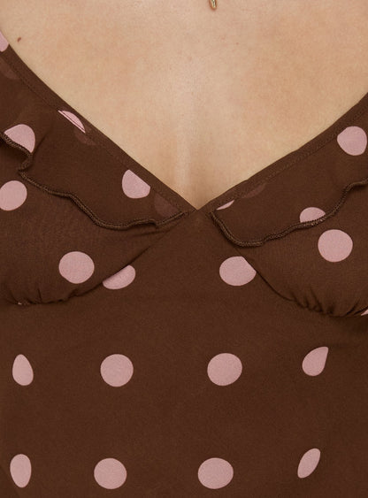 Lozie Frill V Neck Mini Dress Brown Polka Dot