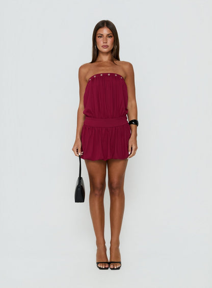 Lenika Eyelet Strapless Mini Dress Burgundy