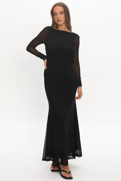 Lustre Open Back Mesh Maxi Dress Black