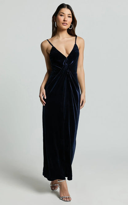 Rebecca Midi Dress - Front Twist Thigh Split Velvet Dress in Navy