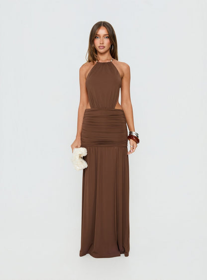 Tykaia Low Back Halter Maxi Dress Chocolate