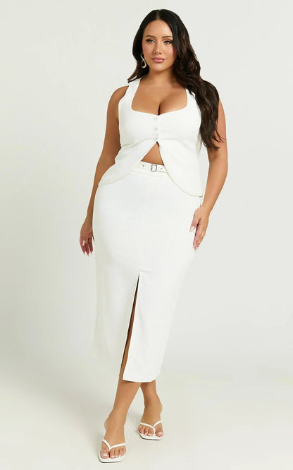 Romeo Midi Skirt - High Waisted Front Split Pencil Skirt in White