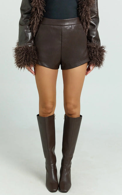Rosetta Shorts - PU Fitted Micro Shorts in Chocolate