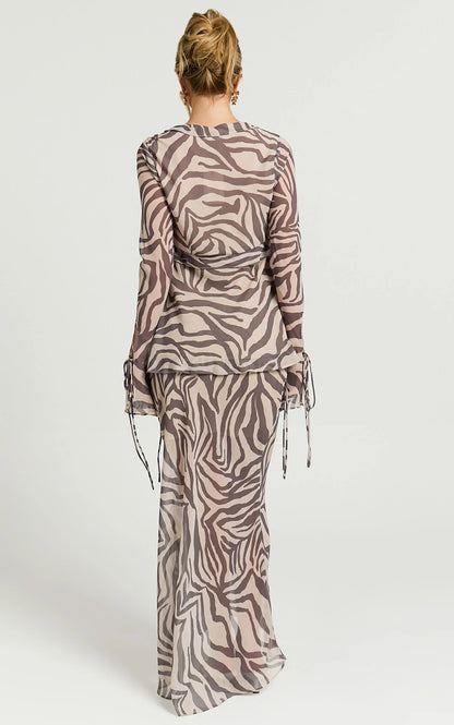 Rita Top - Georgette Tie Front Flared Sleeve Top in Abstract Zebra Print
