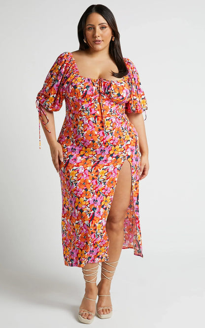 Rosario Midi Dress - Ruched Bust Puff Sleeve Dress in Spring Floral