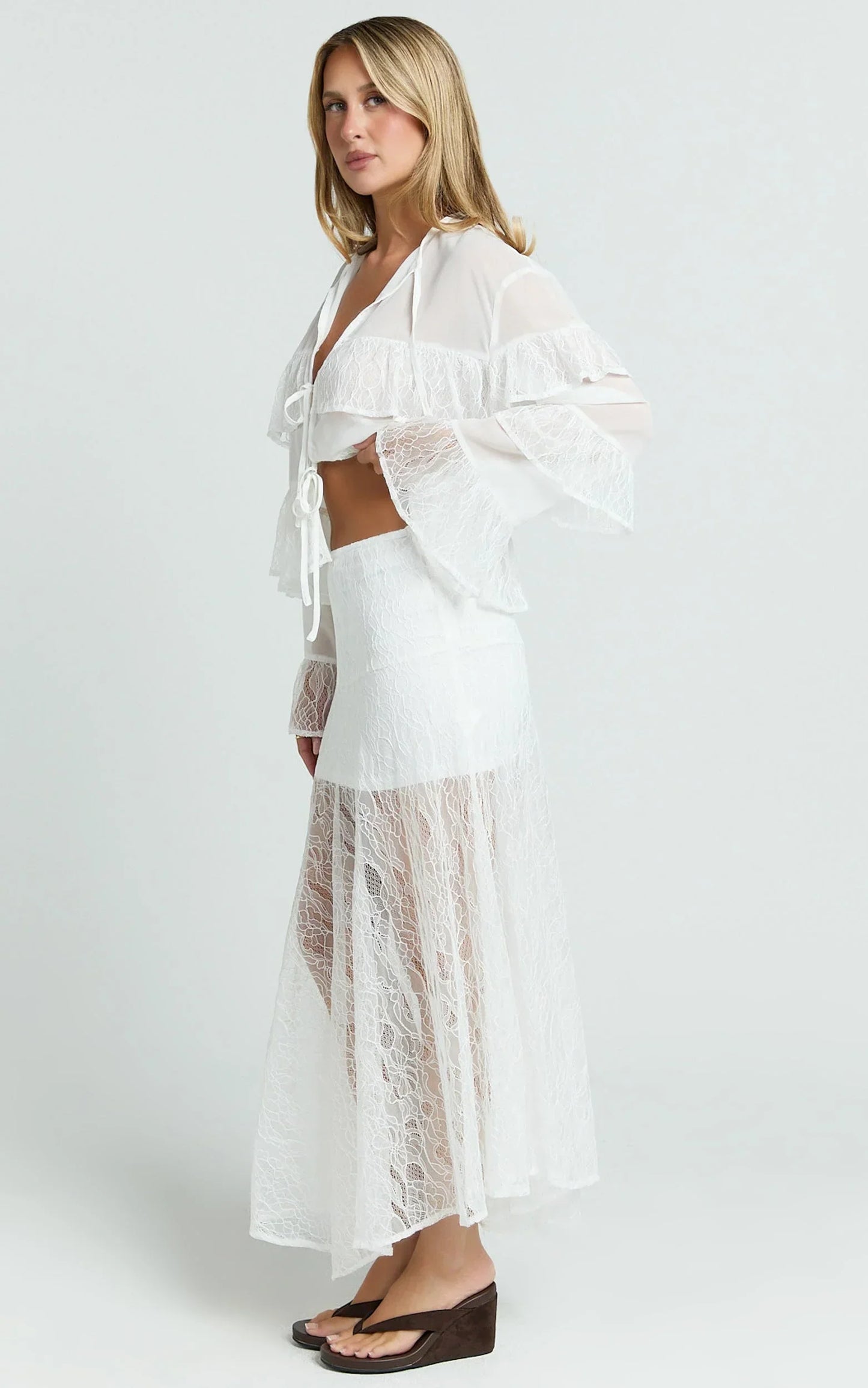 Safiya Maxi Skirt - Mid Waist Lace Skirt With Slip in White