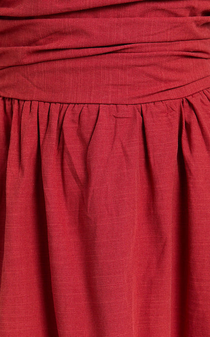 Polly Midi Dress - Strapless Ruched Dress in Red