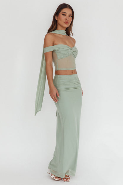 All The Lights Ruched Midi Skirt Sage