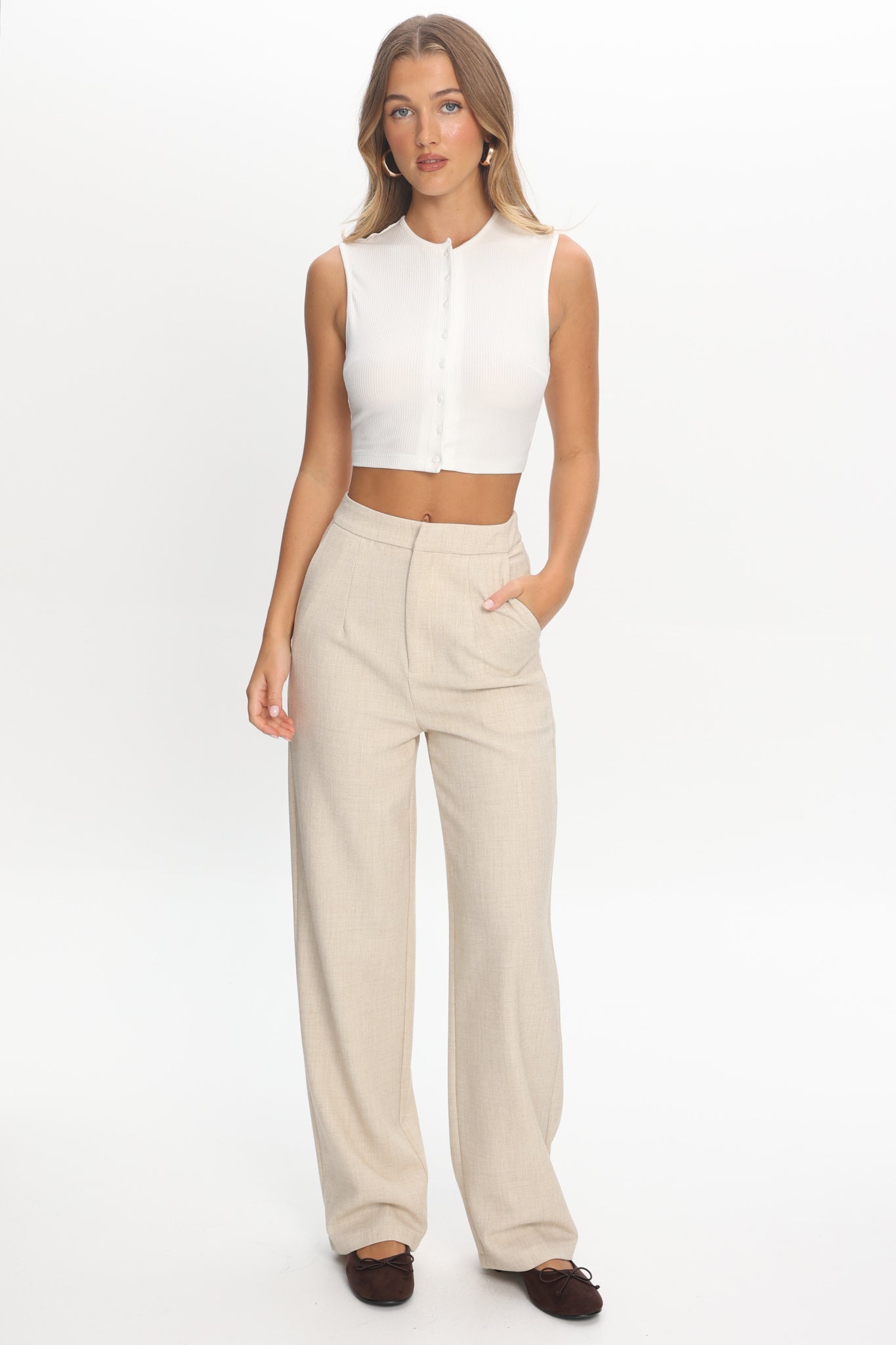 Sutton Button Front Crop Top Cream