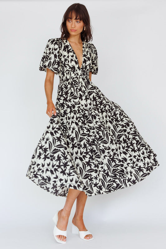 Summer Land V-Neckline Midi Dress Floral Beige