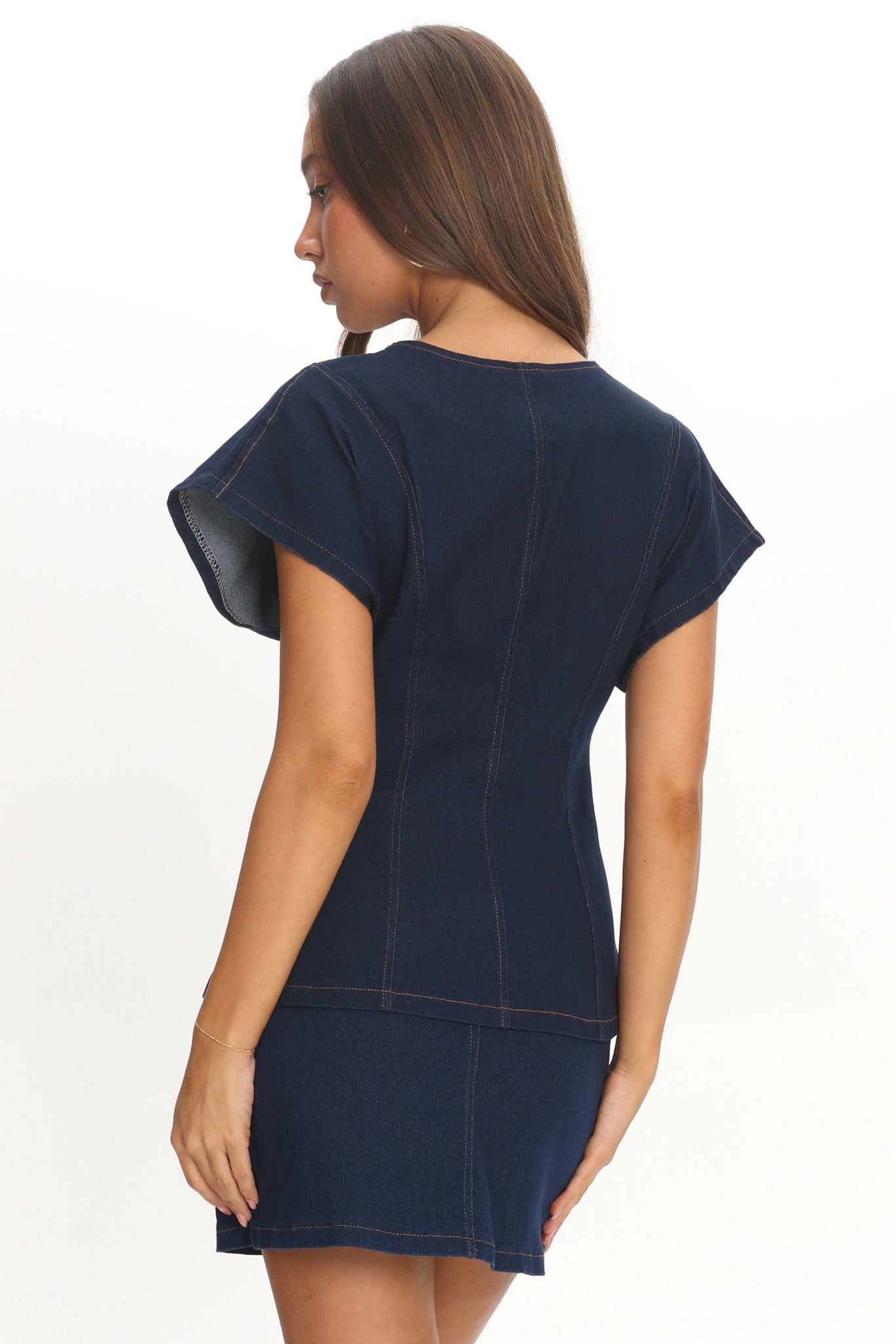Over It Short Sleeve Button Top Denim