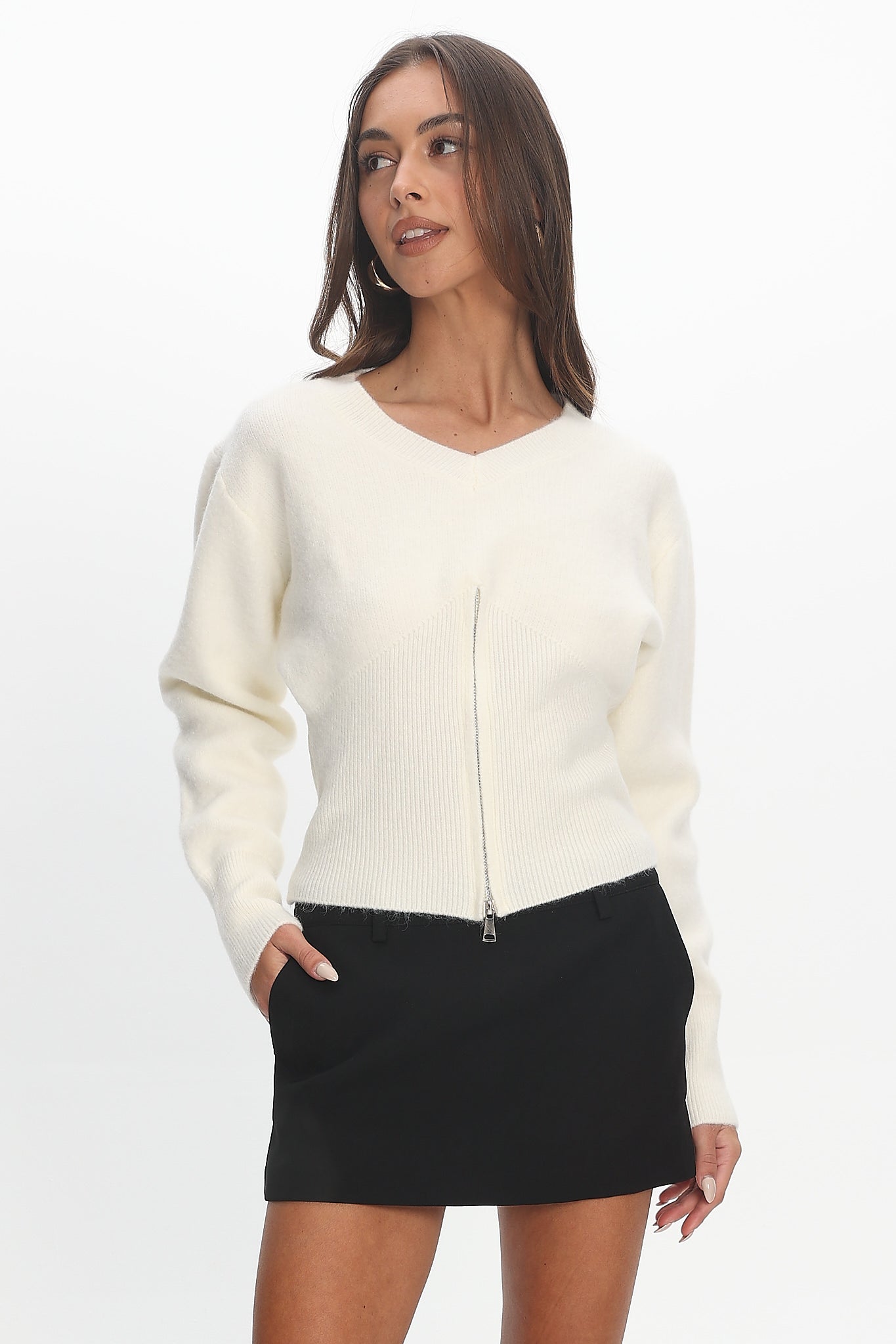 Karisa Zipper Hem Knit Top Cream