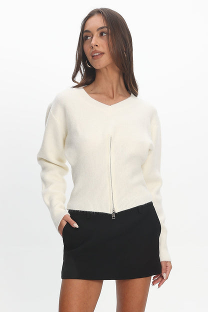 Karisa Zipper Hem Knit Top Cream