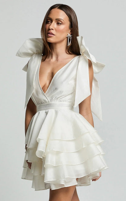 Roxanne Mini Dress - Shoulder Tie Plunge Ruffle Dress in White