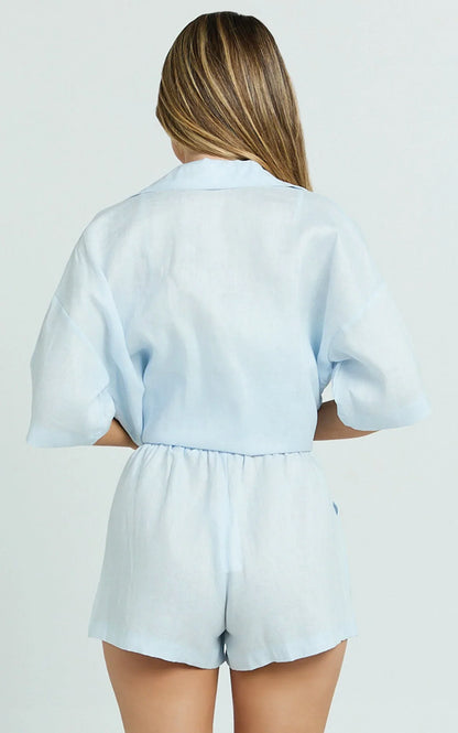 Ramona Linen Shorts - Drawstring Linen Shorts in Pale Blue