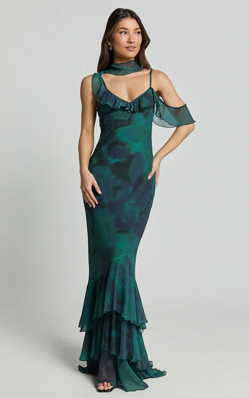 Riley Maxi Dress - Asymmetric Ruffle Detail Maxi Dress in Moss Adeana