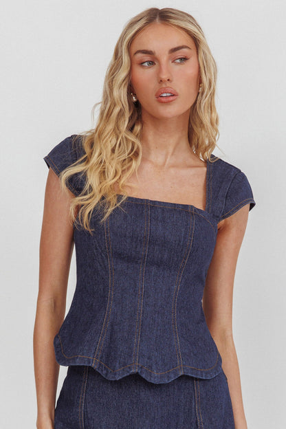 Halen Cap Sleeve Scalloped Top Indigo