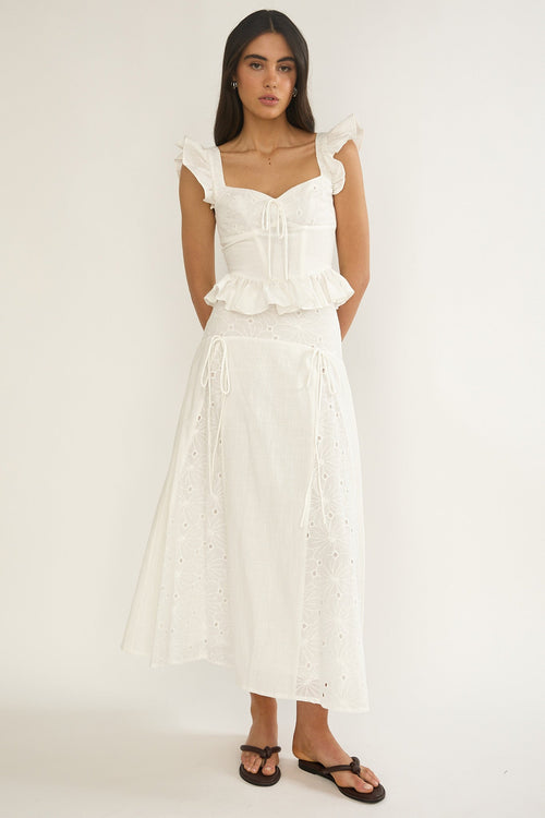 Danette String Tie Embroidery Maxi Skirt White