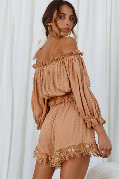 Romilly Scalloped Lace Trim Shorts Tan