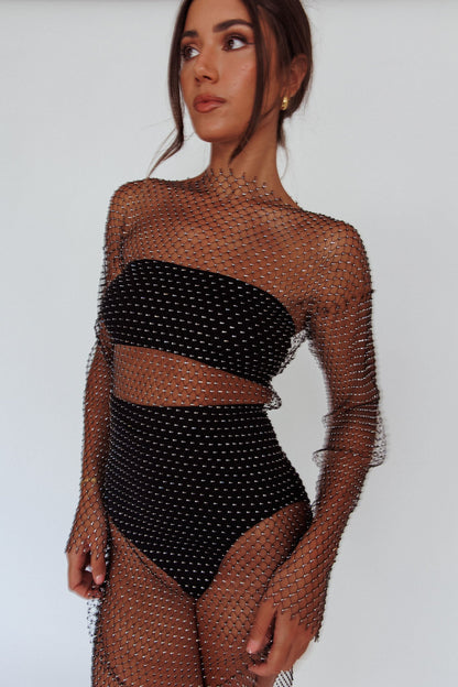 Cosmic Girl Diamante Net Midi Dress Black