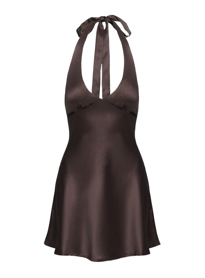 Pelagia Halter Scarf Tie Mini Dress Brown Petite