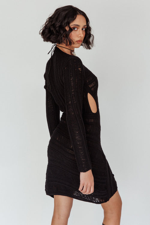 Leyanne Crochet Long Sleeve Cut-Out Mini Dress Black