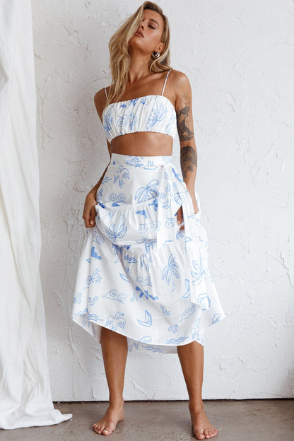 Bondi Waist Tie Maxi Skirt Printed White