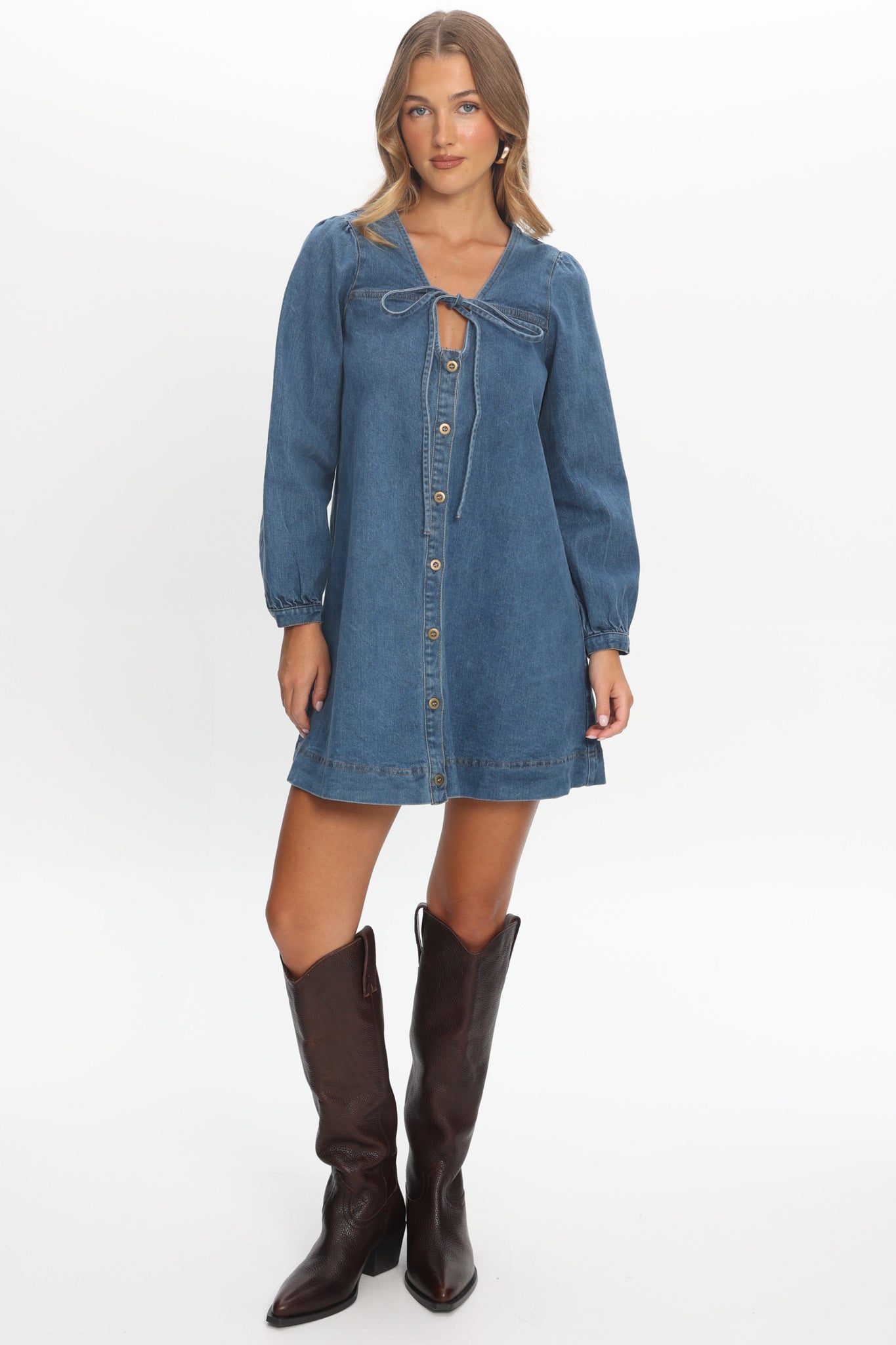 Salty Sea Long Sleeve Mini Dress Denim Blue