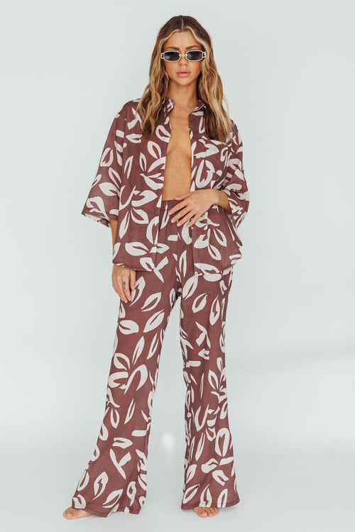 Just A Hunch Pants Leaf Print Chocolate