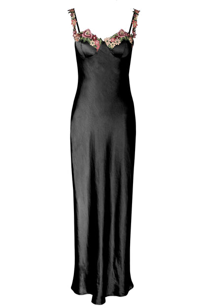 Rose Garden Floral Applique Midi Dress Black