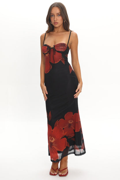 Fortune Bust Tie Maxi Dress Hibiscus Black