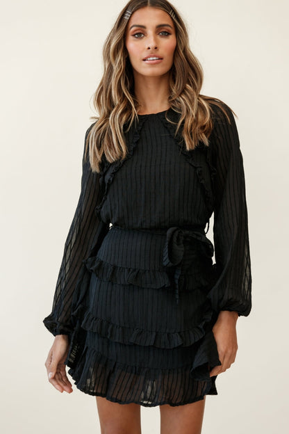 Dusk Long Sleeve Waist Tie Frill Dress Sheer Stripe Black